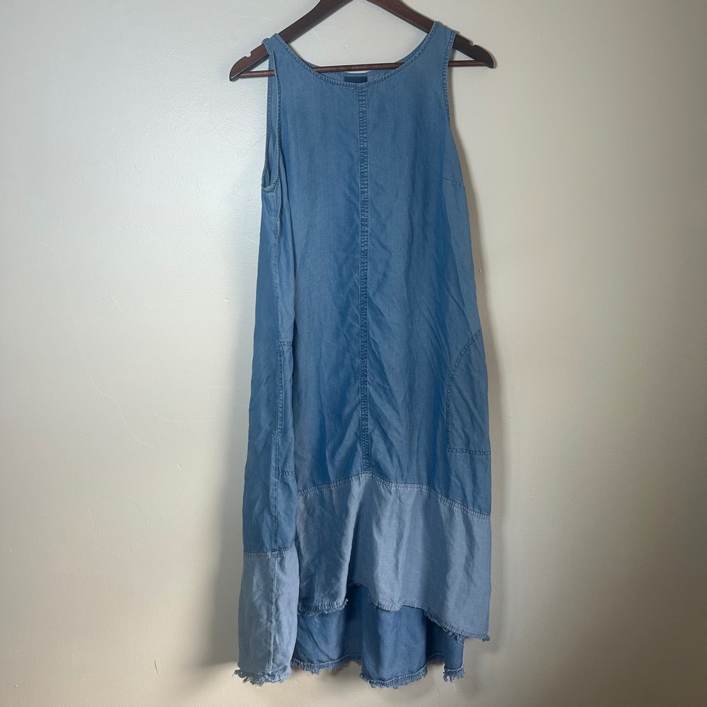 J.Jill Denim Shift‎ Dress Women Medium Blue Sleeveless High-Low Raw Hem Pockets